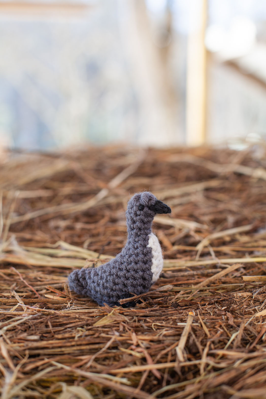 a gray crochet duck sitting in the hay