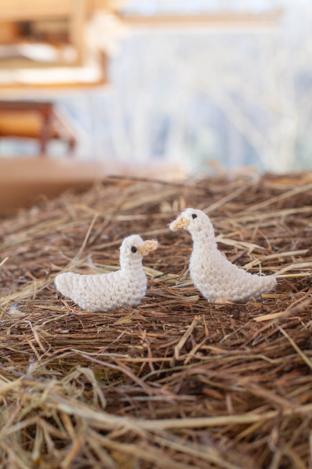 two white crochet little ducks nestled in the hay