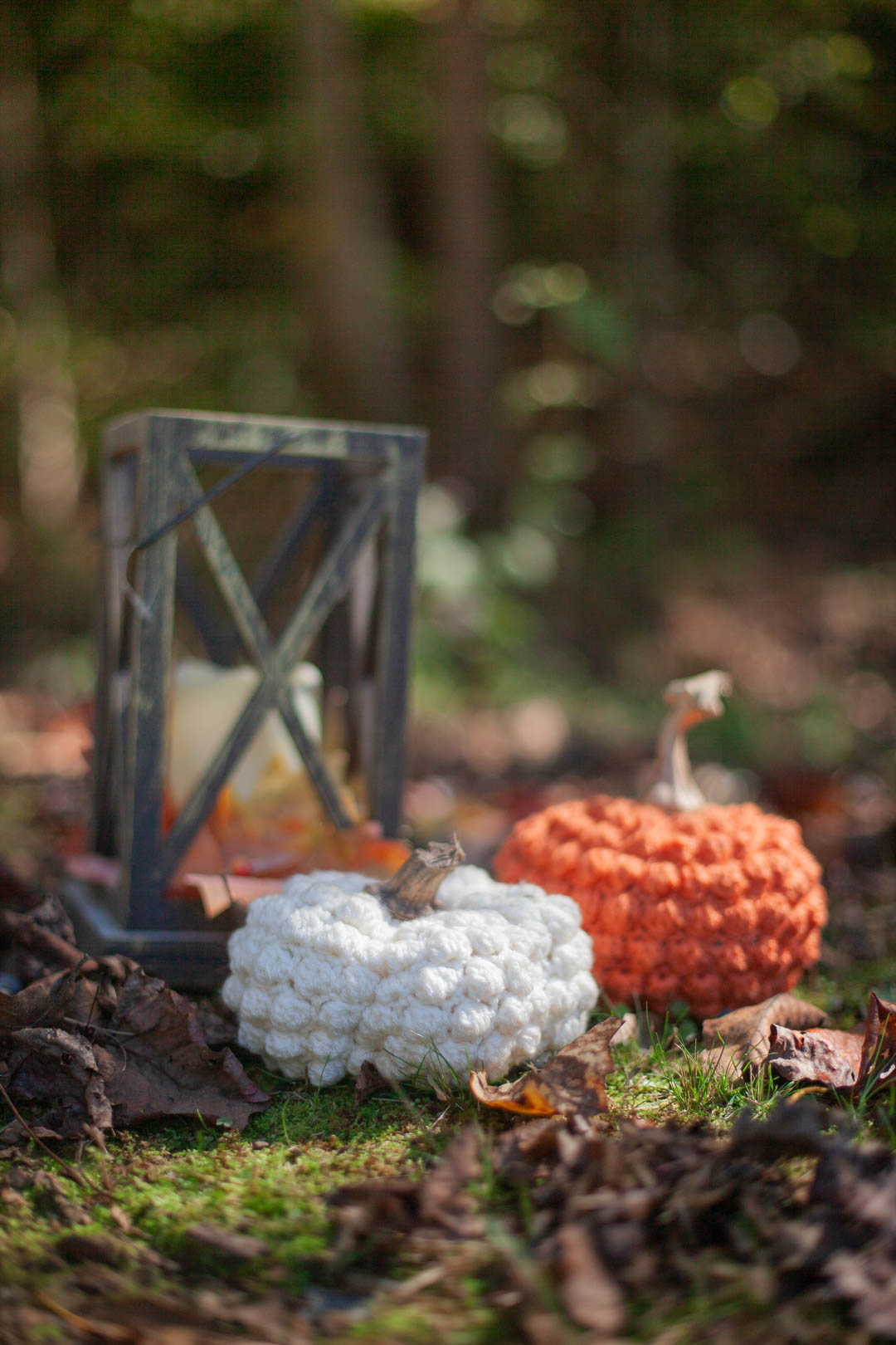 a pair of crochet pumpkins sitting in front of a decorative wooden lantern
