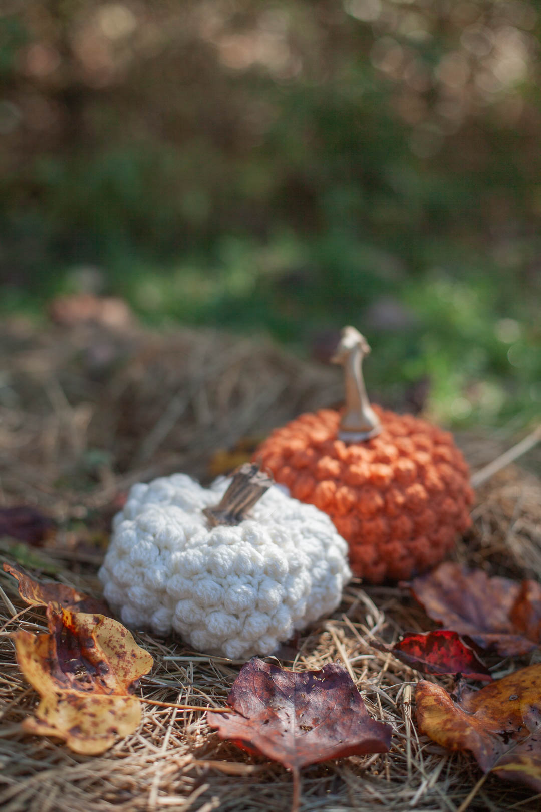 a pair of crochet pumpkins among fall leaves
