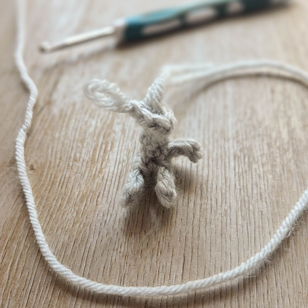 A crochet clawed foot with a crochet hook in the background. 