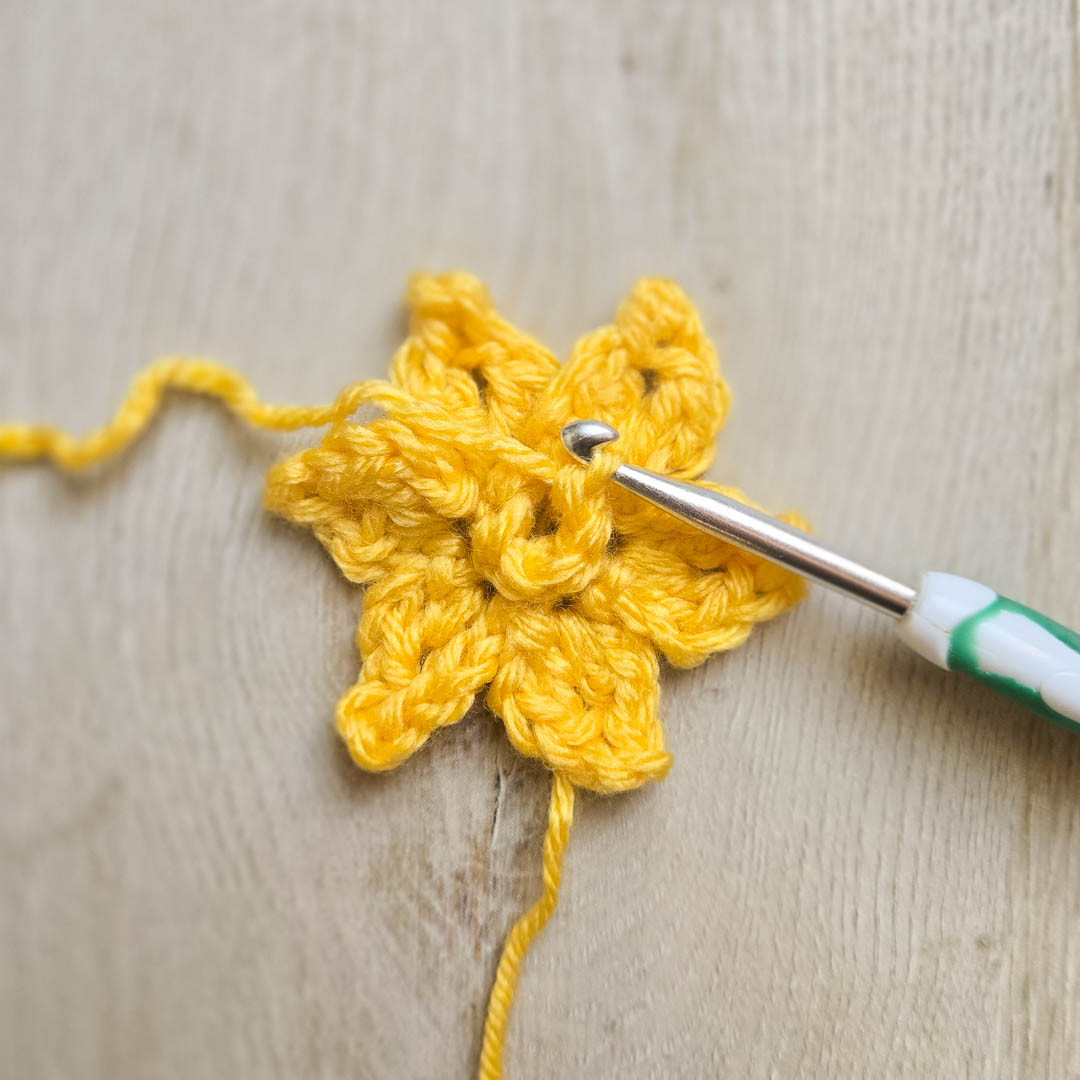 A crochet hook starting on the center petals for a crochet flower.