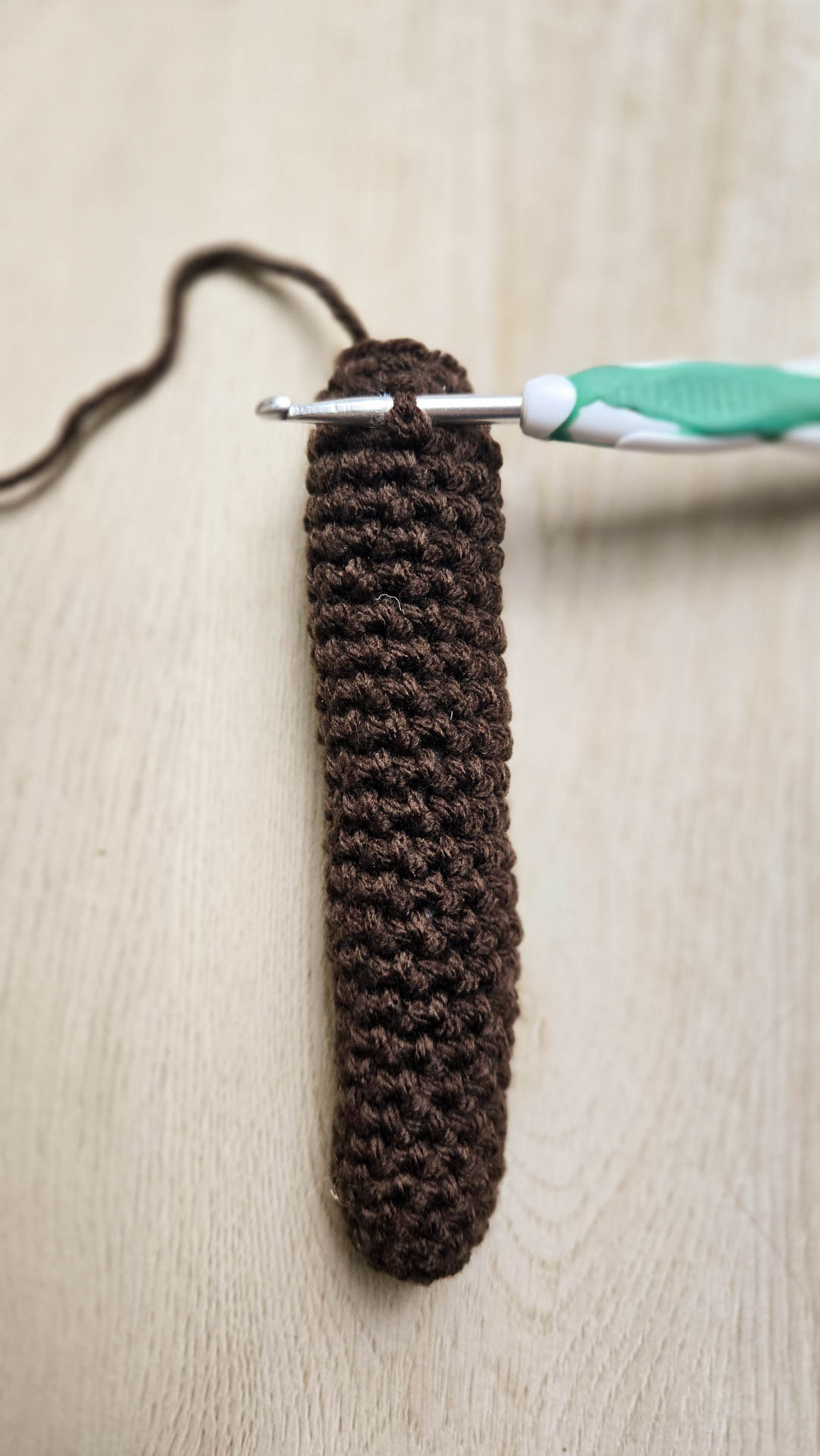 A crochet hook being inserted underneath a crochet stitch in order to make crochet fur.