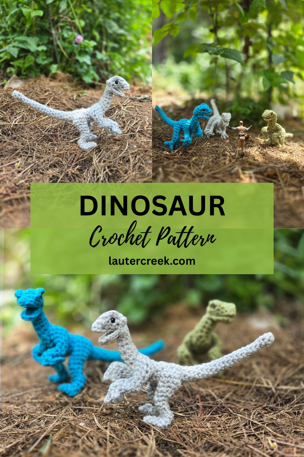 Three images featuring crochet dinosaurs, with the words 'Dinosaur Crochet Pattern' on top.