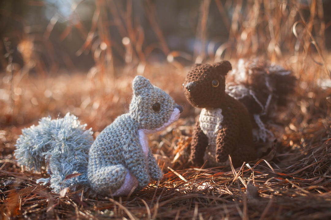 Two crochet squirrels in the brown grass.