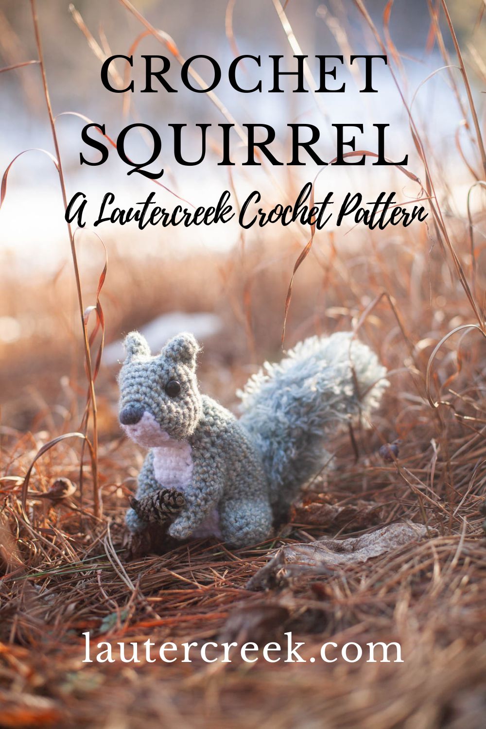 A squirrel in the grass with words above reading 'Crochet Squirrel, A Lautercreek Crochet Pattern'.