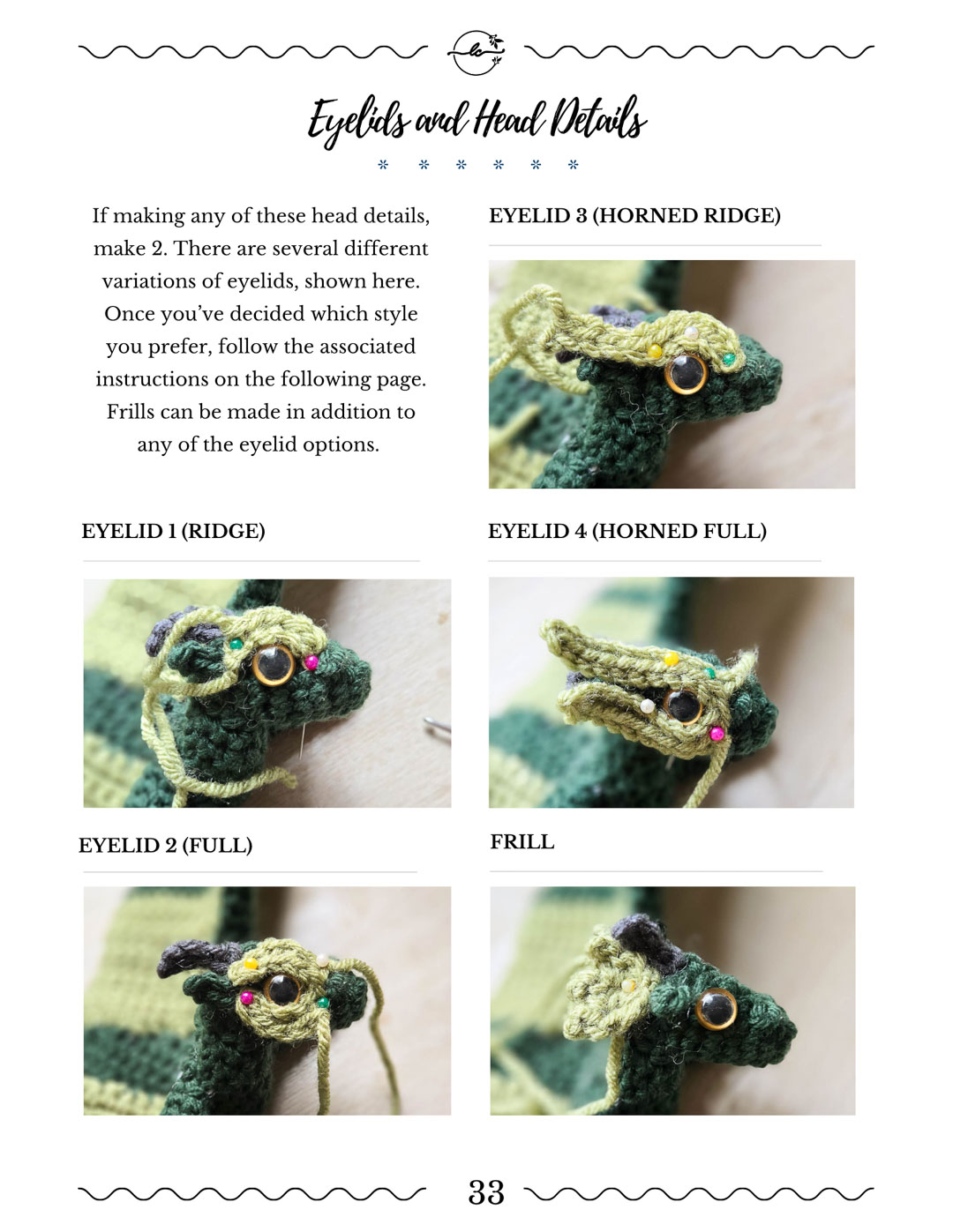 A page from the little dragon crochet pattern showing a variety of head details.
